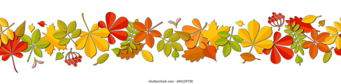 Seamless border Autumn falling leaf background isolated on white. Art vector illustration.