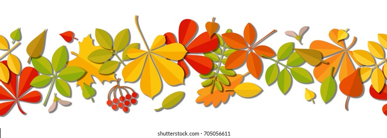 Seamless border Autumn falling leaf background isolated on white. Art vector illustration.