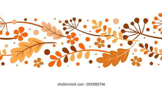 Seamless border of autumn leaves. Vector frame, garland, illustration of autumn leaves on a white background. Orange, yellow, brown foliage of oak, mountain ash, rowan berry.