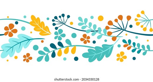 Seamless border of autumn leaves. Vector frame, garland, illustration of autumn leaves on a white background. Orange, yellow, brown, green, turquoise foliage of oak, mountain ash, rowan berry.