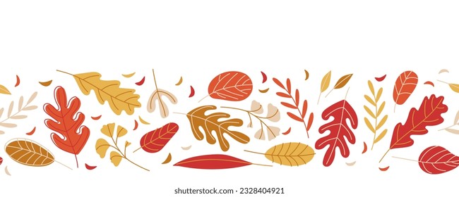 Seamless border with autumn leaves. Vector illustration in doodle style. Flat repeated background. Horizontal seamless pattern for decoration, printing, packaging, fabric, textiles, embroidery