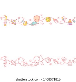 Seamless Border With Baby Boy And Toys. Cute Little Baby Crawling In Diaper With Baby Objects Isolated. Endless Baby Border. Color Vector Illustration. Line Pattern. Design Template.