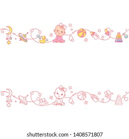 Seamless Border With Baby Girl Nd Toys. Cute Little Baby In Pajamas Sitting With Baby Objects Isolated. Endless Baby Border. Color Vector Illustration. Line Pattern. Design Template.