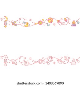 Seamless border with baby objects and toys. Bright  baby objects isolated. Endless kids border. Color vector illustration. Line pattern. Design template.