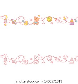 Seamless border with baby objects and toys. Bright  baby objects isolated. Endless kids border. Color vector illustration. Line pattern. Design template.