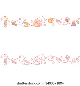 Seamless border with baby stand on head and toys. Cute little baby in diaper playing with baby objects isolated. Endless baby border. Color vector illustration. Line pattern. Design template.