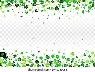 Seamless border background with four leaved green clover and shamrock for Saint Patrick's Day greeting isolated on white transparent background. Vector illustration