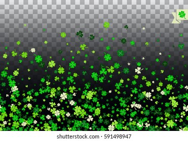 Seamless border background with four leaved greenery clover and shamrock for Saint Patrick's Day greeting isolated on black transparent background. Vector illustration