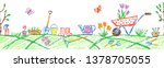 Seamless border background gardening tools in garden or farm set. Like child hand drawing outdoor header banner design. Crayon pencil vector flower, shovel, fence, cart, rubber boots, plant, rake