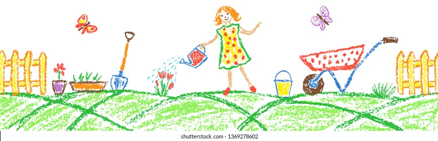 Seamless border background with girl water the flowers in garden. Gardening tools set. Like child hand drawing outdoor copy space. Crayon pencil vector watering can, shovel, fence, cart, rubber, plant