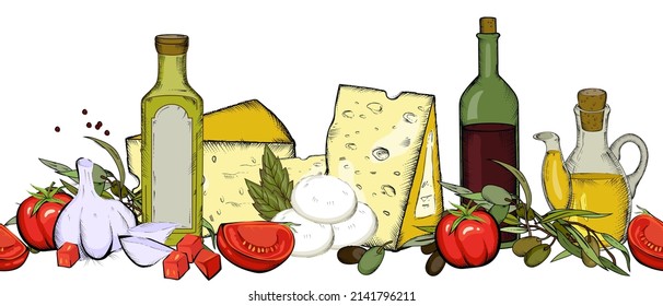 Seamless border background with products of Italian and Mediterranean food, hand drawn vector illustration isolated on white. Endless repeatable border frame for italian or greece food.