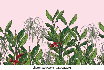 Seamless Border Banana Leaves With Red Flowers With Dragon Tree High End On Pink Background Jungle Tropical Forest