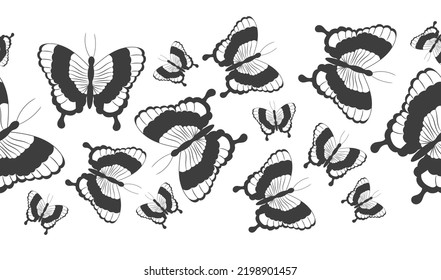 Seamless border banner with abstract black silhouette of cute flying butterflies isolated on white background