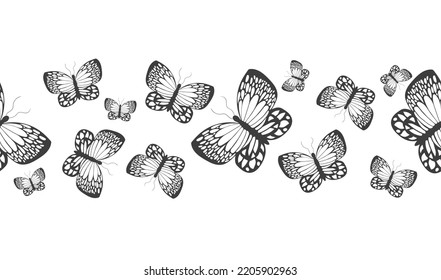 Seamless border banner with abstract black silhouette of cute flying butterflies isolated on white background for decorative tape