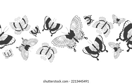 Seamless border banner with abstract black silhouette of cute flying butterflies isolated on white background for decorative tape