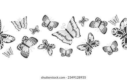 Seamless border banner with abstract black silhouette of cute flying butterflies isolated on white background for decorative tape