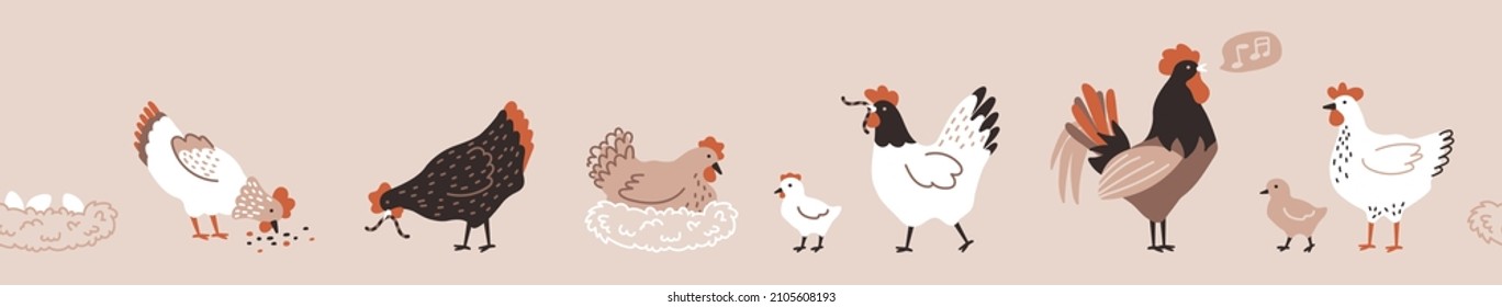 Seamless border. Banner of colorful hen, chicken, chick, rooster and nest with eggs. Chicken farm. Cartoon. Cozy vector illustration. Happy Easter.