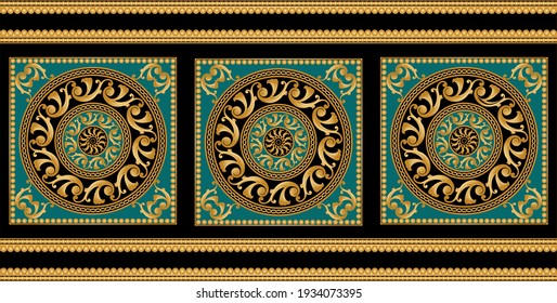 Seamless border with  baroque floral elements, chains on a black background. EPS10 Illustration.