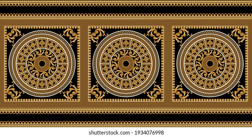 Seamless border with  baroque floral elements, chains on a black background. EPS10 Illustration.