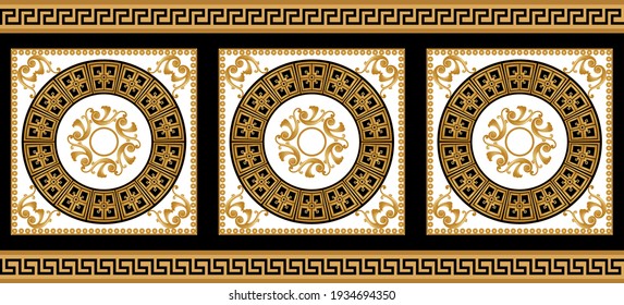 Seamless border with baroque floral elements, chains on a black  background. EPS10 Illustration.