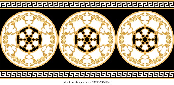 Seamless border with baroque floral elements, chains on a black white background. EPS10 Illustration.