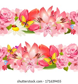 Seamless border of beauty flowers. Set