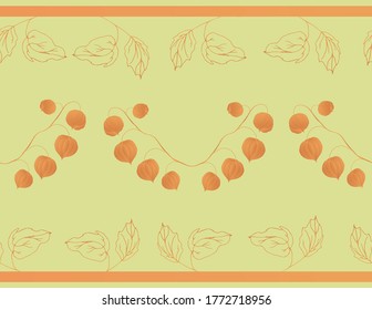 Borde inquebrantable con flores de fisalis beige y contornos de hojas sobre un fondo beige claro.
