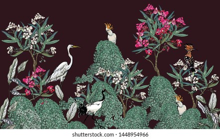 Seamless Border Black Exotic Birds Udod, Cockatoo, Cranes Bird in Blooming Oleander Trees Garden on Dark Drama Background Hand Drawn Ink  Night Jungle Illustration 