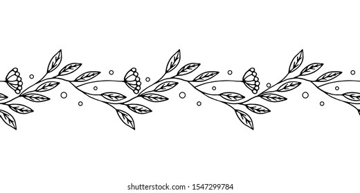 Seamless border of black flowers on a white background in doodle style. Decoration for wedding cards. Beautiful floral ornament for holiday decoration. Greeting card template. Fabric decoration