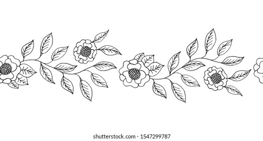Seamless border of black flowers on a white background in doodle style. Decoration for wedding cards. Beautiful floral ornament for holiday decoration. Greeting card template. Fabric decoration