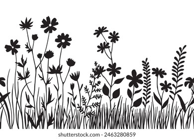 seamless border, black silhouette of wildflowers and herbs. simple vector hand drawing