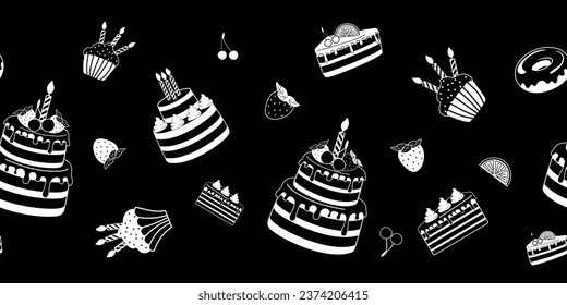 Seamless border of black and white dessert icons on a black background. Vector illustration of packaging design, ribbon, wrapping paper.
