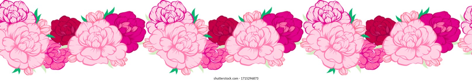 Seamless border with blooming flowers. Roses and Peonies, tulips. Natural botanical pattern on white background.