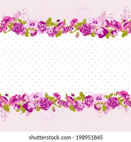 Seamless Border of blossom roses. Vector floral greeting card, spring background for wedding, birthday or invitation design 