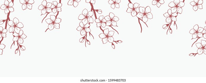 Seamless border with blossoming branches of cherry. Red silhouette of a cherry branch with flowers on a white background. Spring floral background. Vector illustration