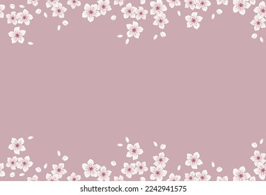 Seamless border with blossoming branches of cherry. White flowers and buds on pink background. Spring floral background. Vector illustration