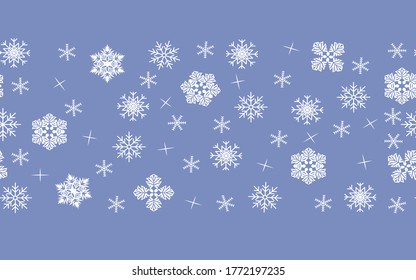 Frontera perfecta. Fondo azul con copos de nieve blancos. Invierno, año nuevo