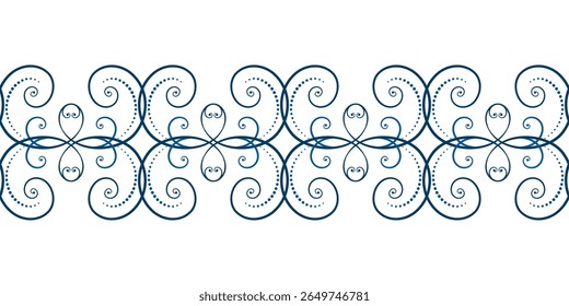 Seamless border of blue curls on white background. Frost pattern on the window. Ethnic folk ornament in nordic style. Monochrome ornamental background of swirls. Winter holiday decor.