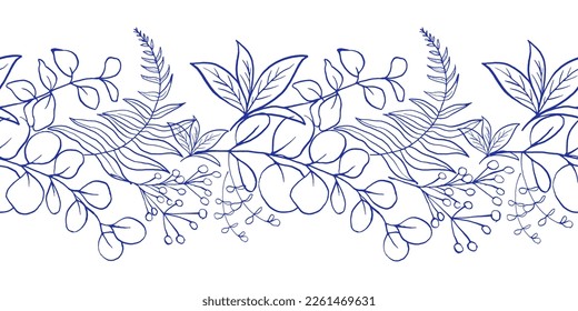 Seamless border with Blue Fern, Eucalyptus and Herbs on white background. Chinoiserie inspired. 