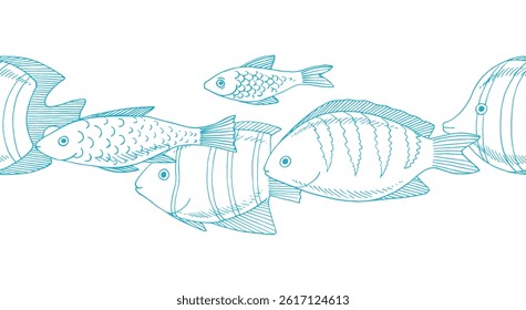 Seamless border of blue sea fishes on a white background. Vector graphic style in ink. Marine theme for posters, aquariums, prints, cards, fabric, decoration of restaurants.