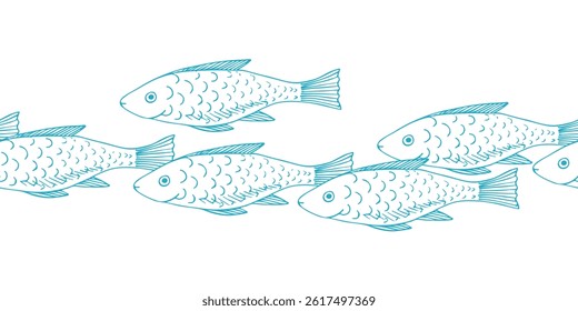 Seamless border of blue sea fishes on a white background. Vector graphic style in ink. Marine theme for posters, aquariums, prints, cards, fabric, decoration of restaurants.
