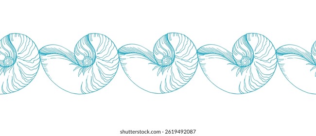 Seamless border of blue seashell. Vector graphic style in ink. Marine theme for posters, aquariums, prints, cards, fabric, decoration of restaurants.