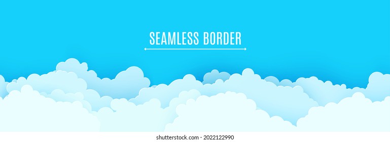 Seamless border of blue sky and white clouds in paper cut style. 3d papercut background with top view cloudy sky. Simple weather layered banner. Vector card illustration of cloudscape pastel colors