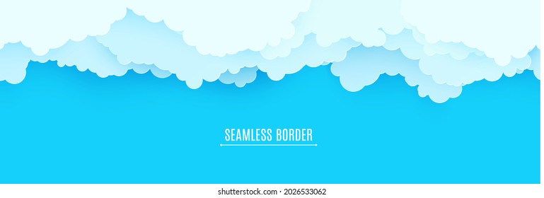 Seamless border of blue sky and white clouds in paper cut style. 3d papercut background with top view cloudy sky. Simple weather layered banner. Vector card illustration of cloudscape pastel colors