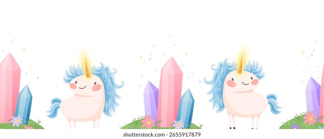 Seamless border with blue unicorns and crystals