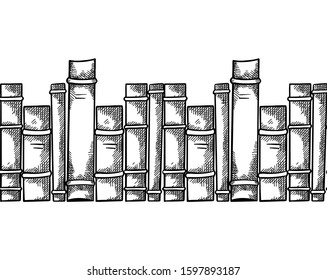 Seamless border from books with hatching. Engraving bookshelf. Knowledge and wisdom. Element for library and interior. Vector object for frames, banners, cards and your design.