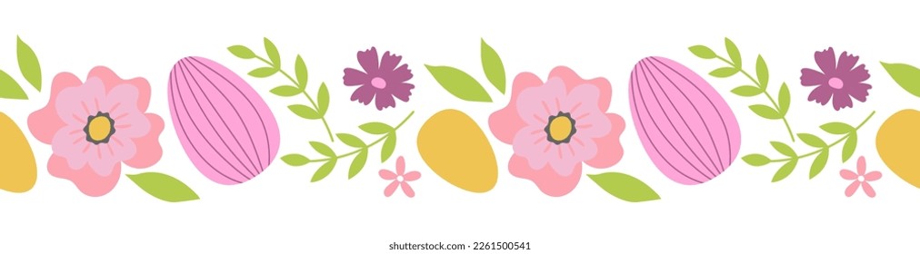 Seamless border with branches, flowers and easter eggs. Template for greeting card, invitation, poster, print. Vector illustration