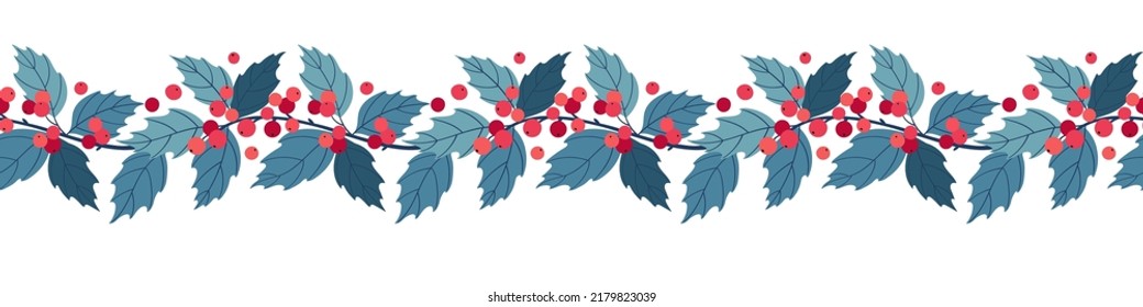 Seamless border with branches and holly berries.