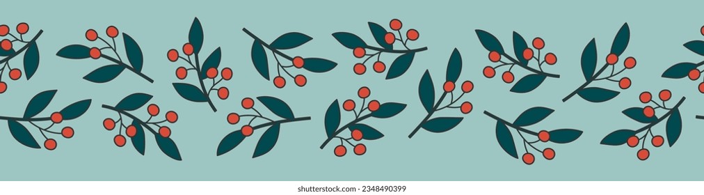Seamless border with branches on blue background. Good for fabric, wallpaper, packaging, textile, web design. Vector illustration