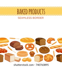 Seamless border with bread products. Vector illustration rye bread and pretzel, muffin, pita, ciabatta and croissant, wheat and whole grain bread, bagel, french baguette for design menu bakery.